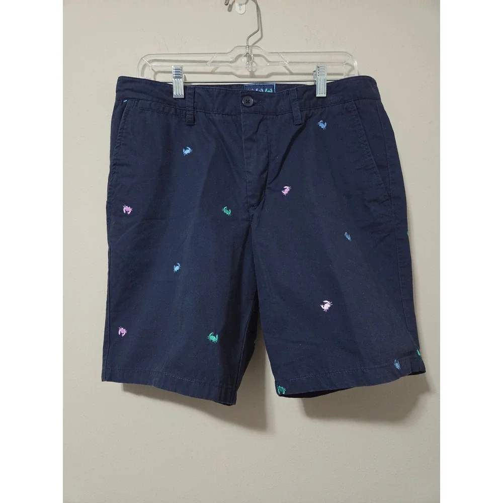 Charleston Threads Mens Navy Blue Crab Embroidered Chino Shorts Size 32 Cotton